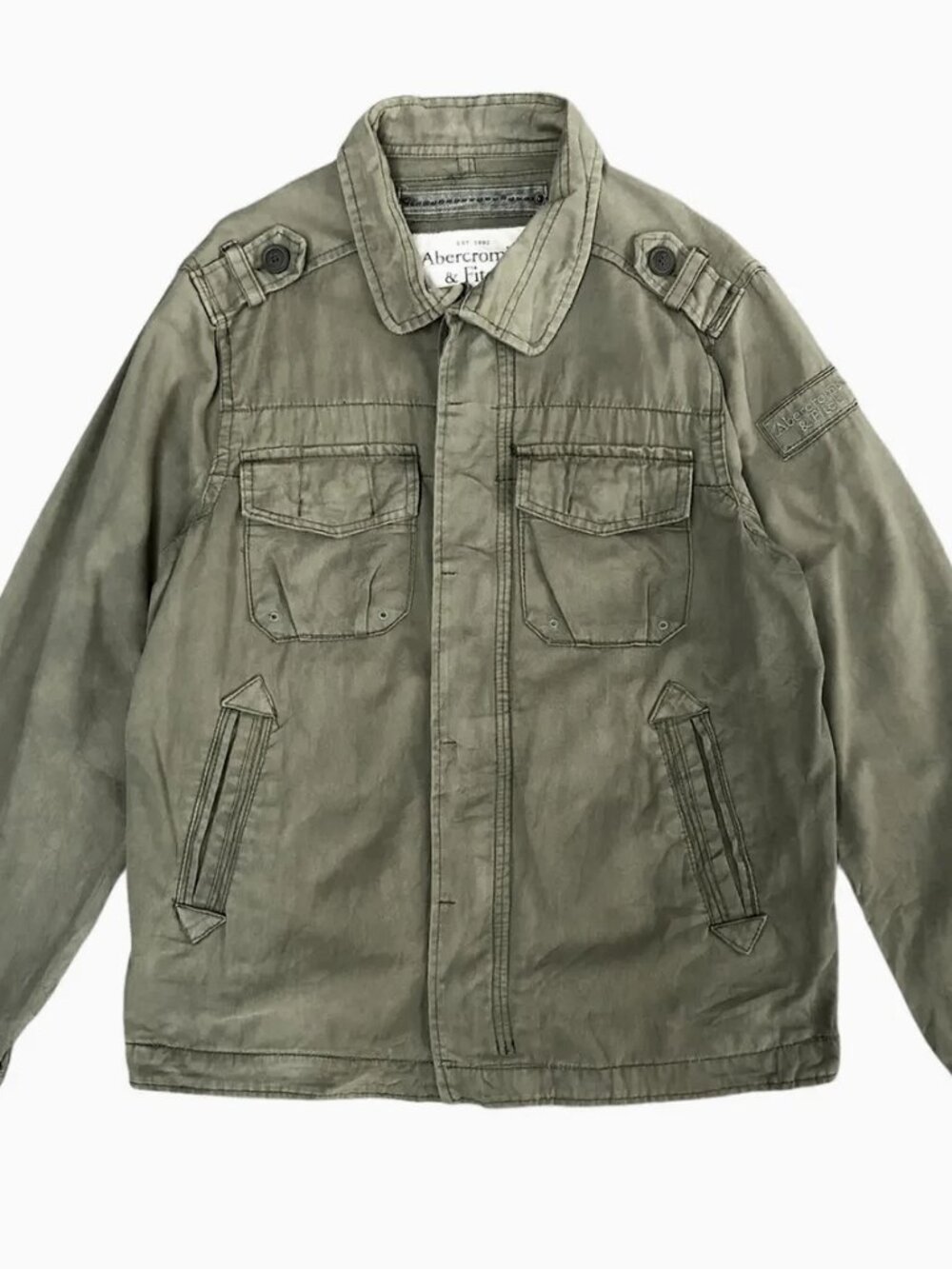 Abercrombie SENTINEL Distressed Cotton Twill Military Jacket Khaki Men's L/Large